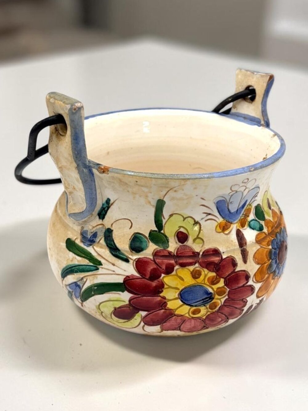 Vintage Italian Floral Pottery Planter Bucket with Black Metal Handle 11.5"